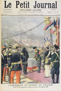 Titulní strana zobrazující ruského císaře ve Francii pokládajícího první kámen Pont Alexandre III., ilustrace z ilustrované přílohy Le Petit Journal, 18. října 1896